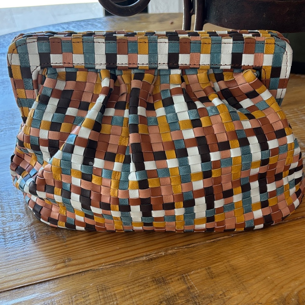 Cleobella Woven Clutch in Brown, Tan, and Cream